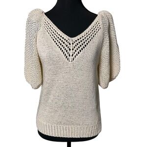 Vintage Crochet Knit Silhouette Puff Sleeve Blouse Women L Elegant Boho
